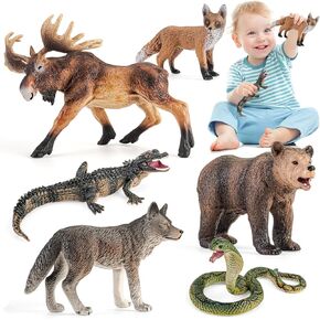 6PCS 3-5" Large Forest Animals Figures for Toddlers, Woodland Animals Figurines Toys for Kids Includes Wolf,Fox,Bear,Snake,Crocodile,Moose, Cake Toppers Birthday Gift Party Favors Toys for Boys