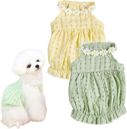 Yellow Dog Dress – Breathable Summer Pet Outfit with Elastic Waist & White Flower Design, Cute Dog & Cat Clothes for Small, Medium & Large Dogs(Yellow,M) in Saudi Arabia