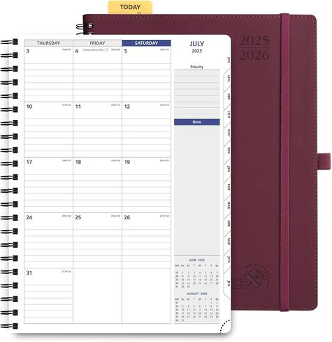 POPRUN 2025-2026 Monthly Planner Spiral Bound, 8.5'' x 11.25'' Academic Calendar (July 2025-July 2026) Appointment Book with Stair Tabs, Leather Cover, 4 Pages per Month with Notes - Claret in Saudi Arabia