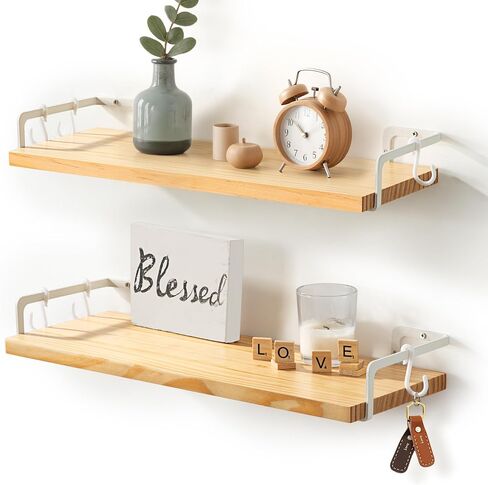 Gronda White Floating Shelves for Wall Storage Shelf for Bathroom Bedroom Living Room Kitchen Laundry Over Toilet Solid Wood Organizer Modern Decorative with Black Brackets Hooks Set of 2 in Saudi Arabia