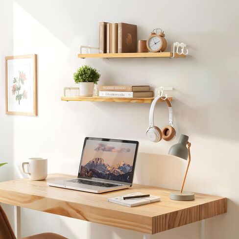 Gronda White Floating Shelves for Wall Storage Shelf for Bathroom Bedroom Living Room Kitchen Laundry Over Toilet Solid Wood Organizer Modern Decorative with Black Brackets Hooks Set of 2 in Saudi Arabia