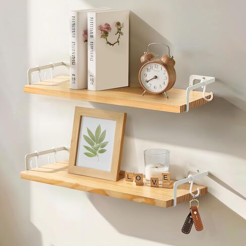 Gronda White Floating Shelves for Wall Storage Shelf for Bathroom Bedroom Living Room Kitchen Laundry Over Toilet Solid Wood Organizer Modern Decorative with Black Brackets Hooks Set of 2 in Saudi Arabia