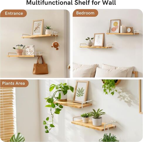 Gronda White Floating Shelves for Wall Storage Shelf for Bathroom Bedroom Living Room Kitchen Laundry Over Toilet Solid Wood Organizer Modern Decorative with Black Brackets Hooks Set of 2 in Saudi Arabia