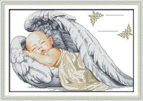 Happy Forever Cross Stitch Kits 11CT Stamped Patterns for Kids and Adults, DIY Preprinted Embroidery kit for Beginner, Angel Baby (K777 Angel Birth Certificate, Size 22''x16'') in Saudi Arabia