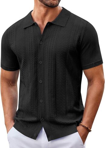 COOFANDY Mens Knit Button Down Shirt Short Sleeve Summer Casual Shirts Vintage Beach Vacation Shirts in Kuwait