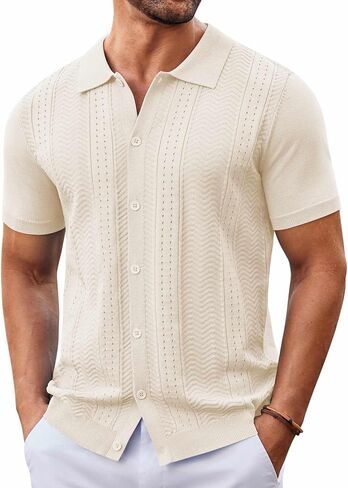 COOFANDY Mens Knit Button Down Shirt Short Sleeve Summer Casual Shirts Vintage Beach Vacation Shirts in Saudi Arabia