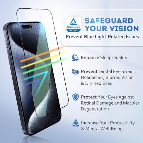 ديبا |2 عبوة| واقي شاشة مضاد للضوء الأزرق معتمد من TÜV لهاتف iPhone 15/Iphone 16 (6.1 بوصة) غطاء كامل من الزجاج المقسى من الحافة إلى الحافة مع صينية أدوات التثبيت السهلة in Kuwait