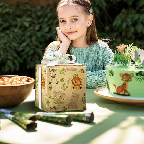 SaringSwoon Kraft Baby Shower Wrapping Paper for Kids - Safari Animals Gift Wrap with Lion, Elephant, Zebra, Hippo and Bee Design for Birthday Baby Shower - 28×40 Inches, 4 Folded Jumbo Sheets in Kuwait