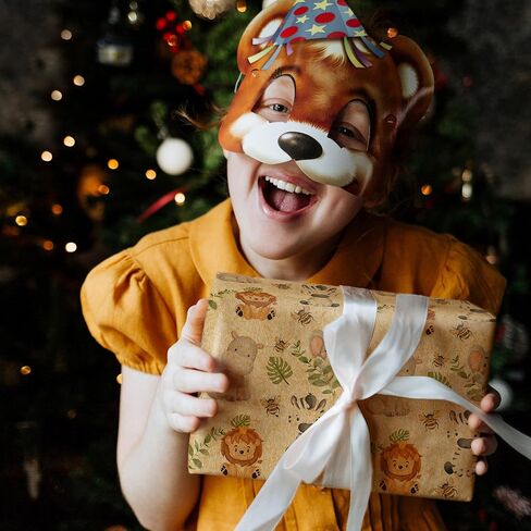 SaringSwoon Kraft Baby Shower Wrapping Paper for Kids - Safari Animals Gift Wrap with Lion, Elephant, Zebra, Hippo and Bee Design for Birthday Baby Shower - 28×40 Inches, 4 Folded Jumbo Sheets in Kuwait