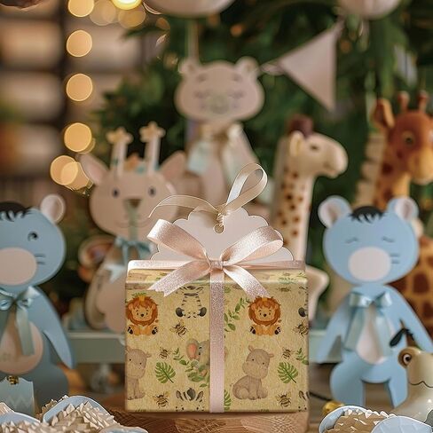 SaringSwoon Kraft Baby Shower Wrapping Paper for Kids - Safari Animals Gift Wrap with Lion, Elephant, Zebra, Hippo and Bee Design for Birthday Baby Shower - 28×40 Inches, 4 Folded Jumbo Sheets in Kuwait