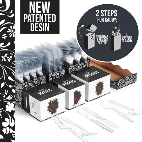 Exquisite Utensil Caddy Organizer with Clear Plastic Forks and Spoons & Knives Floral Kitchen Utensil Holder for Party with 3 x 100 Plastic Spoons and Forks Disposable Knives Clear Cutlery Set in Kuwait