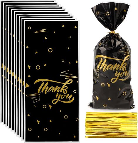 Thank You Cellophane Bags, 5x11 Inch Thank You Treat Bags 100 Pcs Black Thank You Cellophane Treat Bags with Twist Ties Thank You Cellophane Gift Bags for Cookie Candy Goodie Birthday Party Favor Bags in Kuwait