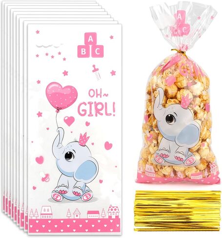 Baby Shower Treat Bags, Cute Elephant Cellophane Treat Bags, 100 PCS Pink Candy Bags, Plastic Gift Bags Cooikes Goodie Bags with Twist Ties for Baby Shower Gender Reveal Birthday Party Favor Supplies in Saudi Arabia