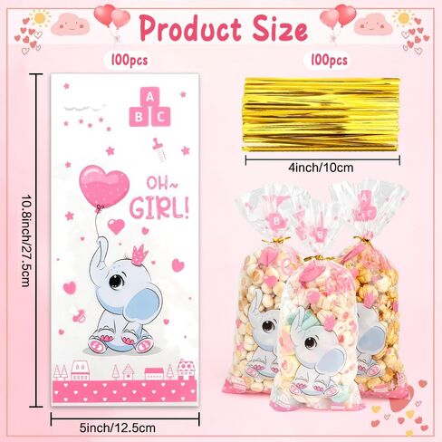 Baby Shower Treat Bags, Cute Elephant Cellophane Treat Bags, 100 PCS Pink Candy Bags, Plastic Gift Bags Cooikes Goodie Bags with Twist Ties for Baby Shower Gender Reveal Birthday Party Favor Supplies in Saudi Arabia