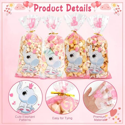 Baby Shower Treat Bags, Cute Elephant Cellophane Treat Bags, 100 PCS Pink Candy Bags, Plastic Gift Bags Cooikes Goodie Bags with Twist Ties for Baby Shower Gender Reveal Birthday Party Favor Supplies in Saudi Arabia