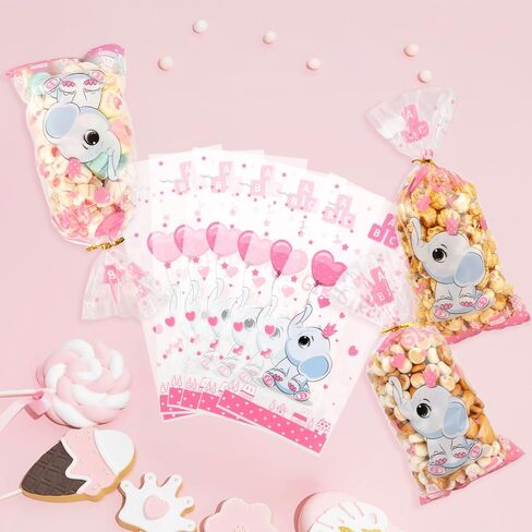 Baby Shower Treat Bags, Cute Elephant Cellophane Treat Bags, 100 PCS Pink Candy Bags, Plastic Gift Bags Cooikes Goodie Bags with Twist Ties for Baby Shower Gender Reveal Birthday Party Favor Supplies in Saudi Arabia