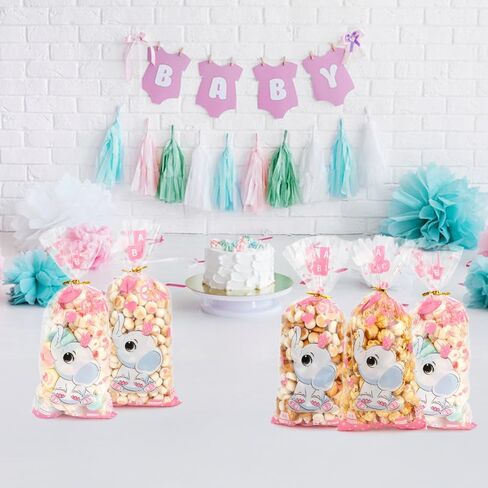 Baby Shower Treat Bags, Cute Elephant Cellophane Treat Bags, 100 PCS Pink Candy Bags, Plastic Gift Bags Cooikes Goodie Bags with Twist Ties for Baby Shower Gender Reveal Birthday Party Favor Supplies in Saudi Arabia