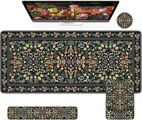 iCasso Desk Mat with Wrist Rest,Large Desk Pad for Keyboard and Mouse,Ergonomic Mouse Pad Sets for Women,Non-Slip Wrist Pad for Keyboard,Floral Computer Mat for Home Office (Black) in Kuwait