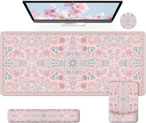iCasso Desk Mat with Wrist Rest,Large Desk Pad for Keyboard and Mouse,Ergonomic Mouse Pad Sets for Women,Non-Slip Wrist Pad for Keyboard,Floral Computer Mat for Home Office (Black) in Saudi Arabia