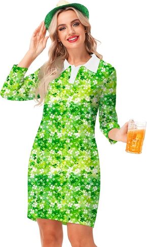 Remimi Womens Mardi Gras Striped Dresses 3/4 Sleeve Polo Dress in Saudi Arabia
