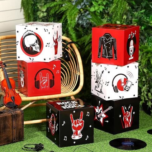 Fuyoooo 6 Pcs Large Rock and Roll Party Decorations Boxes 12 Inch Rock Music Birthday Balloon Cardboard Boxes Backdrop 80s 90s Retro Band Props for Party Supplies in Kuwait