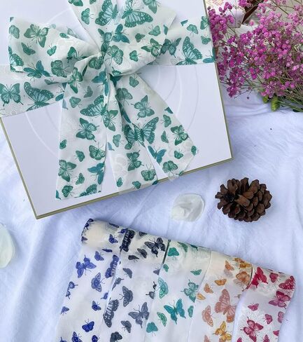 5 Rolls Chiffon Ribbon with Rose Floral Patterns Print | 2" x5 Yards Frayed Edge Craft Ribbons for Wedding Bouquets, Gift Wrapping, Party Decorations in Kuwait