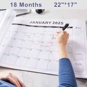 Desk calendar 2025 large 22x17,desktop calendar with plastic cover,18 month,notes section