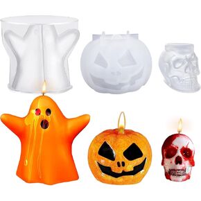 3 Pcs Pumpkin Ghost Skull Halloween Candle Molds, 3D Halloween Pumpkin Ghost Resin Silicone Molds for DIY Epoxy Resin, Pumpkin Silicone Candle Molds for Halloween Decoration