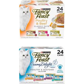 Purina Fancy Feast Free Pate Pate Cat Food Packte ، مجموعة الدواجن ولحم البقر ومجموعة كريمية للدواجن والمأكولات البحرية