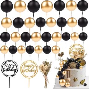 33 PCS Mini Ball Cake Topper Cupcake Insert Acrylic Cake Topper Topper Flower Flowers Cake Decortings for Anniversary Treawing Birthday Party Shower (Black ، Gold)