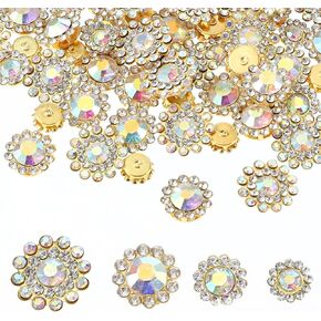Crystal AB Sew On Rhinestones, 100 Pcs Flower Claw Rhinestones for Crafting 8mm 10mm 12mm 14mm Flatback Rhinestone with Gold Claw for Costume, Shoes, Hats, Bags, DIY Crafts