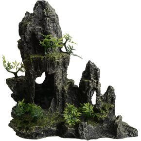 PENCK Large Fish Tank Decorations Aquarium Rocks Aquascaping Mountain View Stone Rock Decor Resin Betta Hiding Cave Shrimp Fish Hideout Ornaments with Small Plants, 11 Inch Tall