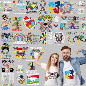 Yexiya 30 Sheets Autism Awareness Iron on Patches Heat Transfer Stickers Iron on Heat Transfer Decal Iron on Decals Patches Iron on Stickers for Clothes Hat DIY Accessories Gifts Supplies Party Decor