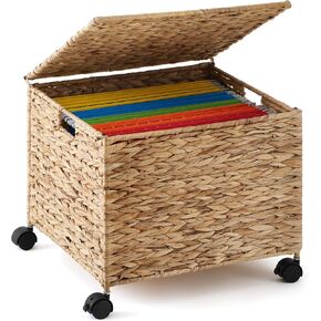 Rolling File Box Organizers, Water Hyacinth Letter/Legal Size File Organizer with Lid and Locking Wheels, Collapsible Hand Woven Hanging Filing Cabinet Box for Office/Home Decor, Natural