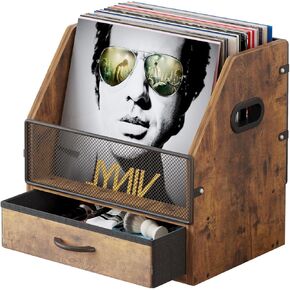 Vinyl Record Storage with Drawer, Vinyl Record Box Case Crate, Desktop Metal & Wooden LP Record Crate, Holds up to 60 Records (Antique)