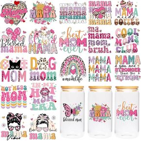 UV DTF Cup Wraps - 20 Sheet Mom UV DTF Transfer Stickers, Mama UVDTF Cup Wraps for 16 oz Glass, Appratiate Mom Black Waterproof Transfer Sticker, DIY Crafts