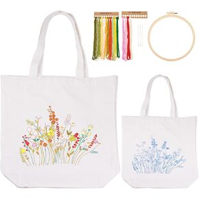 Craftdady Canvas Tote Bag Embroidery Kit Black Canvas Bag مع تعليمات أنماط الزهور تعليمات تطريز الأطواق الأطواق الملونة والأداة للمبتدئين DIY