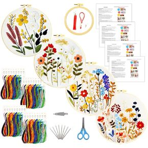 Zhenqing Bees & Flowers Embroidery Kit 11.4x11.4cm - 4-Piece Complete Cross Stitch Set with Pre-Printed Fabric, Threads, Hoop, Needles & Instructions | DIY Craft for Adults, Beginners-Friendly (C0046)