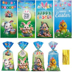 أكياس علاج عيد الفصح ، أكياس عيد الفصح السيلوفان ، حقائب حلوى لعيد الفصح 100 PCS ، أكياس الهدايا البلاستيكية لأرانب عيد الفصح ، أكياس ملفات تعريف الارتباط مع علاقات الذهب تويست لإبلاغ الحفلات.