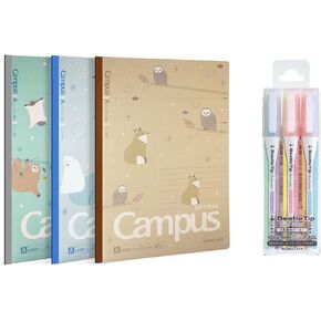 KOKUYO 3 Pack Composition Notebook, Cute Campus B5 Comp Book with 7mm Dotted Rule, 40 Sheets & Beetle Tip 2-Tone Highlighter Pen, Soft 3 Color Set