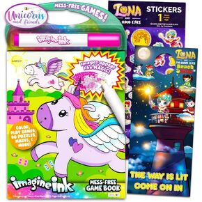 Unicorn Imagine Ink Activity Pad - حزمة مع 20 صفحة خالية من الفوضى تخيل كتاب تلوين الحبر ، وتخزين الحشوات للفتيات ، والملصقات الصغار 3+ زائد ، المزيد | ألعاب سفر يونيكورن للأطفال الصغار