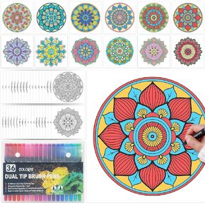 HiWhy 48 PCS Mandala Colling Cards 10 "x 10" تلوين بطاقة تلوين تخفيف الإجهاد الاسترخاء مجموعات ملصق Mandala مع 36 علامة الاسترخاء الإبداعي للأطفال البالغين