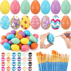 Shihanee 48 PCS Easter Wooden Eggs Decorations Kit 2.36 "بيض مزيف قابل للطلاء مع طلاء الاكريليك لصالح DIY Easter Crafts Gifts Stuffers Party Form