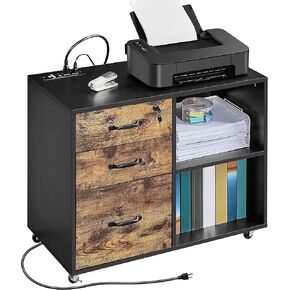 Yaheetech Filing Cabinet with Charging Station, Lateral File Cabinets Printer Stand with 3 Drawers, for Home and Office Black/Rustic Brown