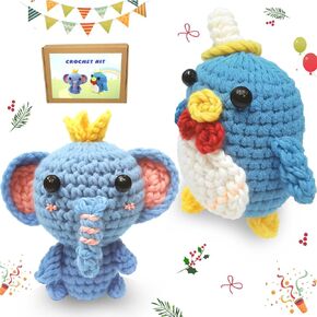 Cradiyee Crochet Kit للمبتدئين ، Kids Crochet Kit للبالغين المبتدئين ، 2 pattern pynates-penguin ، الفيل مع دروس الفيديو خطوة بخطوة