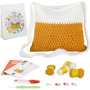 مجموعة أكياس الكروشيه Aikonpu للمبتدئين Crochet Tote Kit للنساء في حياكة حقائب مع دروس فيديو خطوة بخطوة لهدايا الكروشيه DIY (1P ، الأبيض والأصفر)