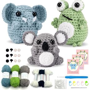 طقم الكروشيه للحيوانات للمبتدئين ، Frogs Elephants Koalas Crochet Kit Beginner للأطفال مع دروس فيديو خطوة بخطوة خيوط الكروشيه هدية رائعة لمحبي الكروشيه