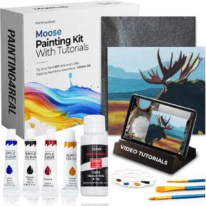 Painting4 REAL DIY فئة الطلاء للبالغين مع دروس الفيديو: تعلم الرسم موس - كيفية الطلاء مع الأكريليك - اللوحة واللوازم الفنية - 9 قطعة مجموعة الطلاء الاكريليك