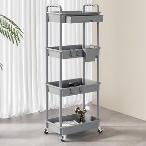 3 Tier Rolling Utility Cart with Drawer, Plastic Storage Organizer Rolling Carts with Wheels Handles Hanging Cups Hooks for Office, Bathroom, Kitchen,Craft Art Room (White)