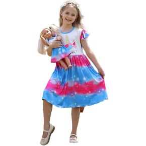 القوس Dream Toddler Girls Dress ومطابقة ملحقات ملابس American Girl Doll للبنات Strainbow Stripes Unicorn